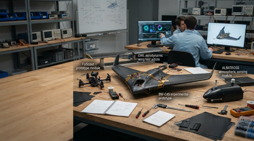 Aerospace research laboratory with the BW-C45 experimental prototype, FlyScout module, ALBATROSS atmospheric sensing pod, and OWL wing test article on a workbench, while engineers review CAD renders and telemetry on dual monitors.