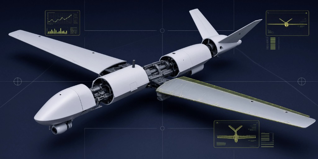 BW-C45 modular fixed-wing research platform in exploded assembly view — light grey airframe sections, wing test article, and avionics interfaces on a dark engineering panel with subtle CAD overlays.