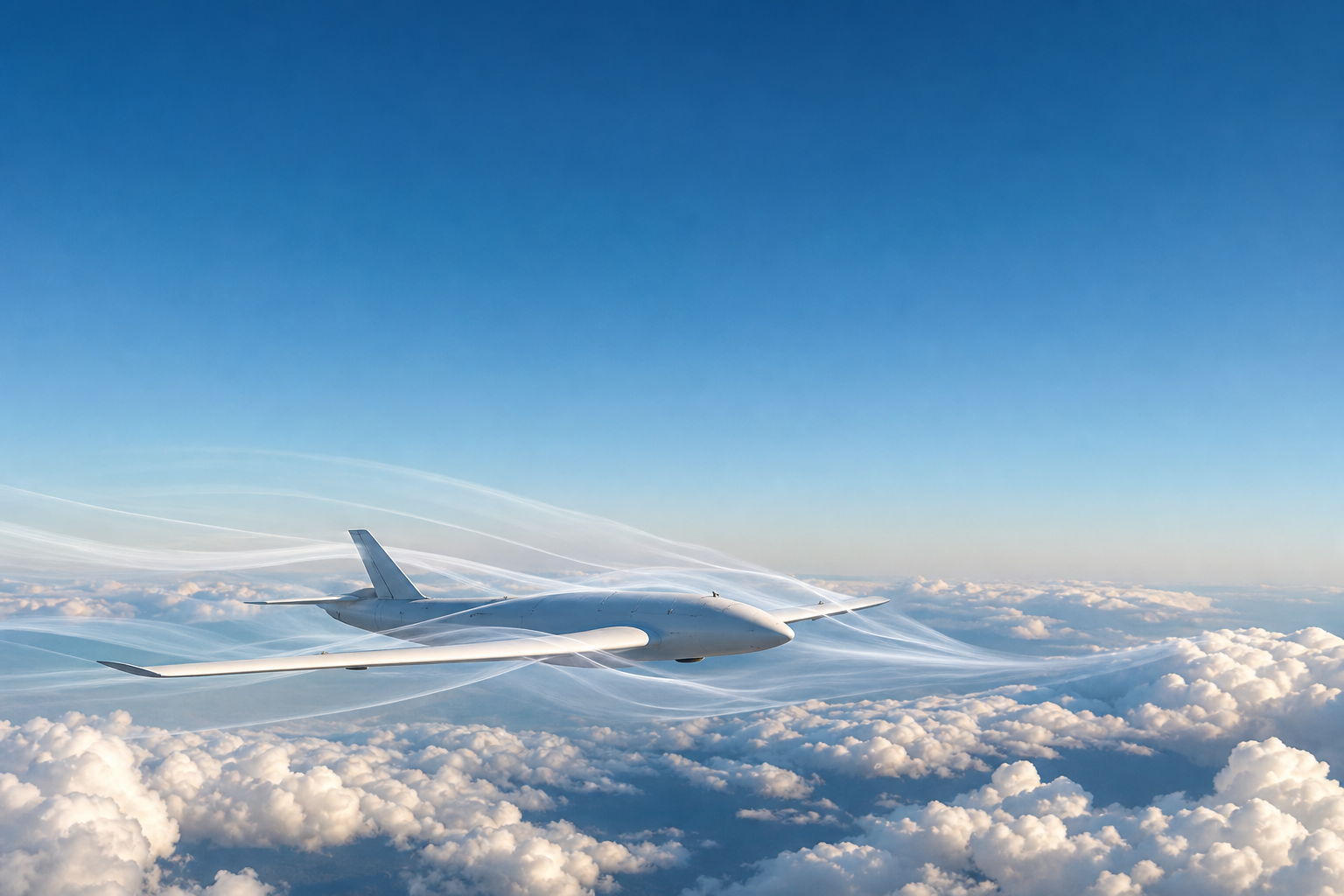 Experimental research aircraft in gentle cruise flight above cumulus cloud layers, with subtle translucent wind-current ribbons visualizing natural atmospheric flow. Soft morning light, clean blue sky.