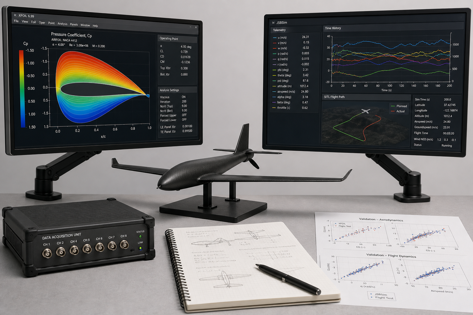Simulation and digital-twin workstation: dual monitors showing XFOIL aerodynamic analysis, JSBSim flight-dynamics output, and SITL telemetry overlay, with the BW-C45 CAD model rendered alongside validation plots.