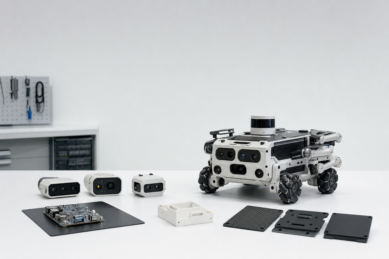 Compact autonomous inspection robot with mecanum wheels, top-mounted LiDAR sensor, and multiple camera modules on the front, on a laboratory table beside interchangeable sensor modules, a prototype electronics board, and 3D-printed housings.