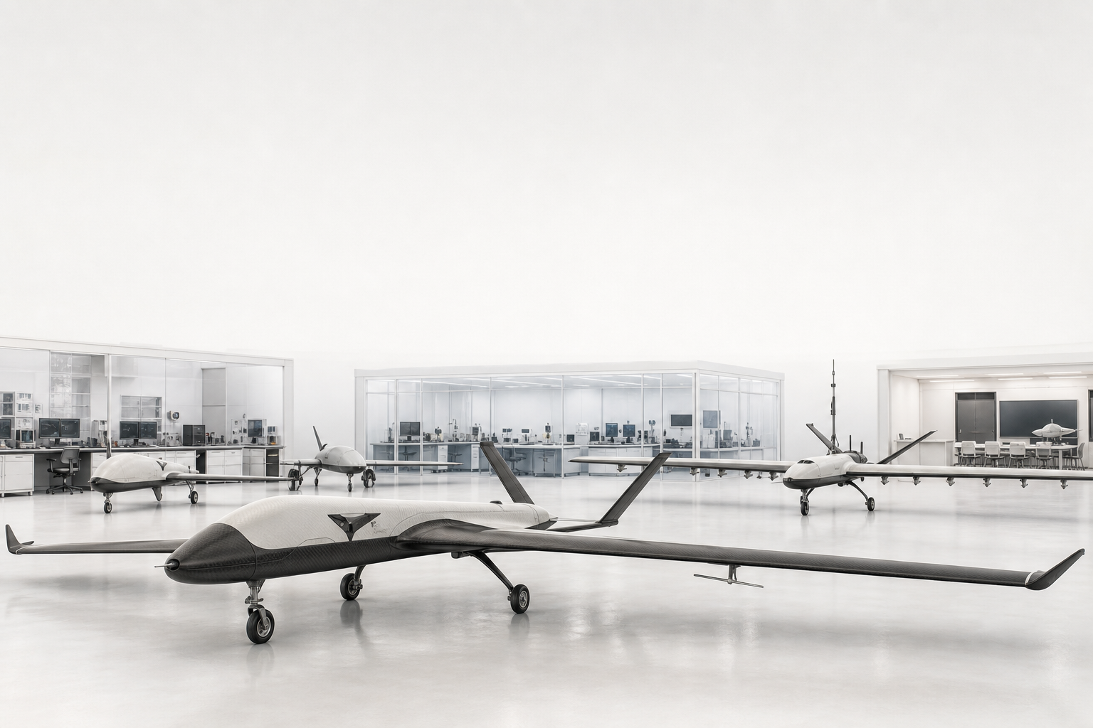 Foreground: BLACK WIDOW research aircraft in a bright research hangar. Background: several civilian aerospace applications — infrastructure inspection, environmental monitoring, agricultural survey, university research and engineering education environments — connected through a shared industrial design language.