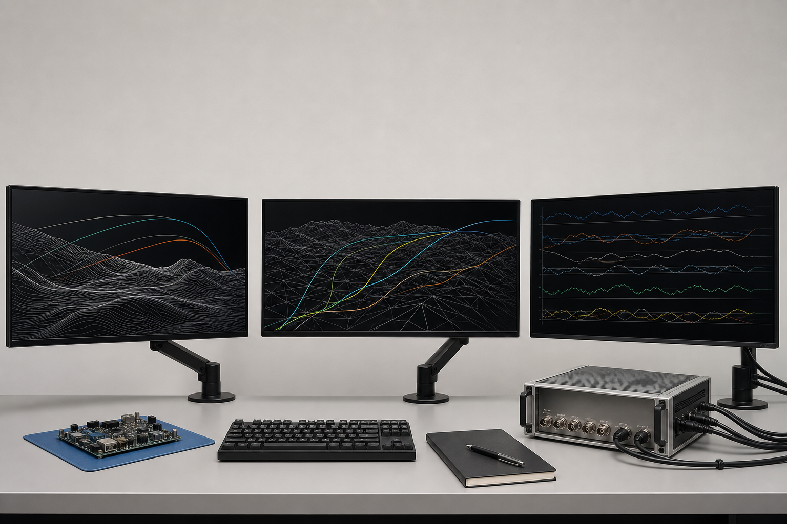 Mission planning workstation: three displays showing abstract flight-path geometry and telemetry curves, industrial keyboard, engineering notebook, prototype electronics board, and compact data-acquisition unit on a clean desk.