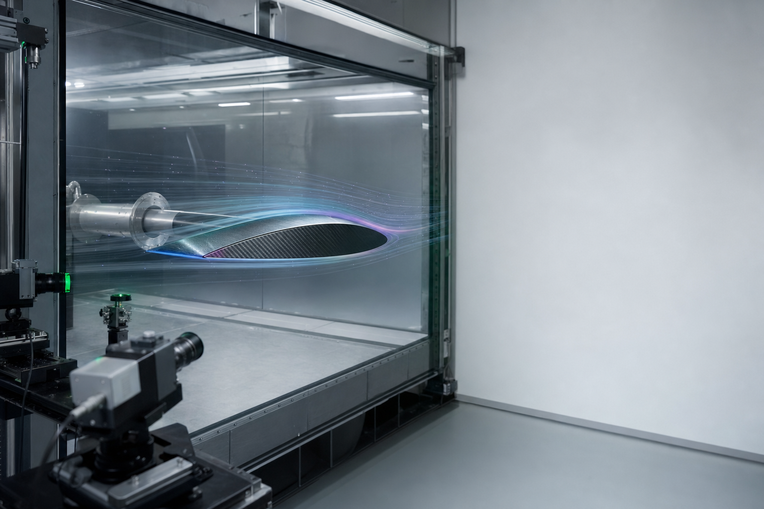 Aerodynamic wing study inside a modern wind tunnel: matte carbon-fiber airfoil section on a precision mount, with subtle streamlines and colored pressure gradients over the surface. Laser-based measurement equipment visible in the foreground.