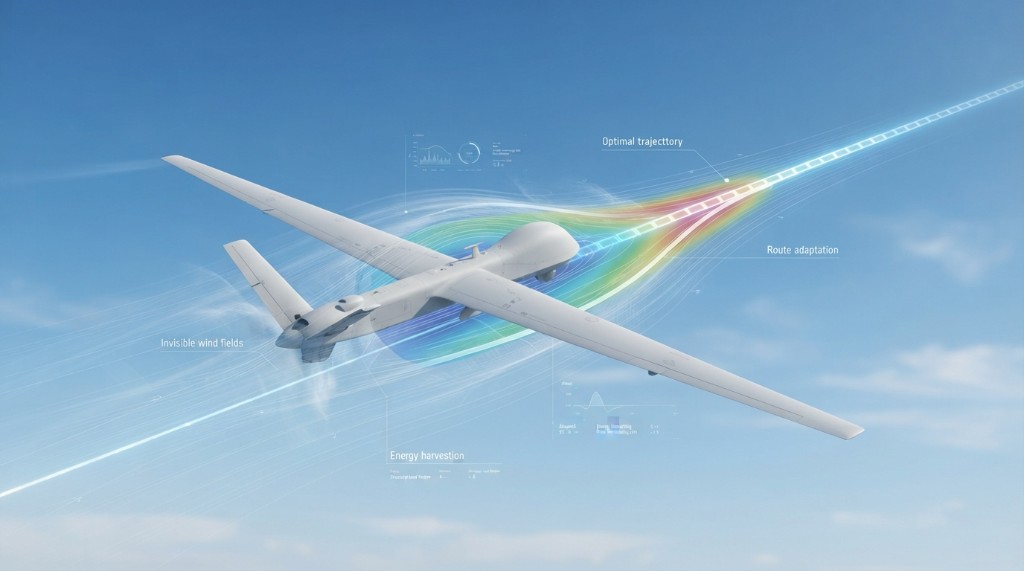 Research aircraft in flight with wind-field streamlines, optimal trajectory path, and energy-optimization overlays — portfolio visualization for wind-aware and autonomous flight research programs.